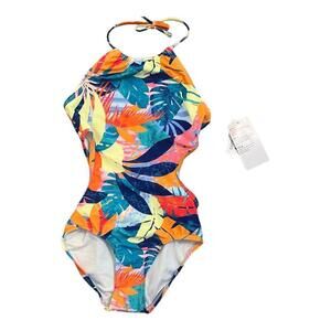 Old Navy Girls Printed Halter Cut‎ Out One Piece Floral Swimsuit Size 6x-7 New